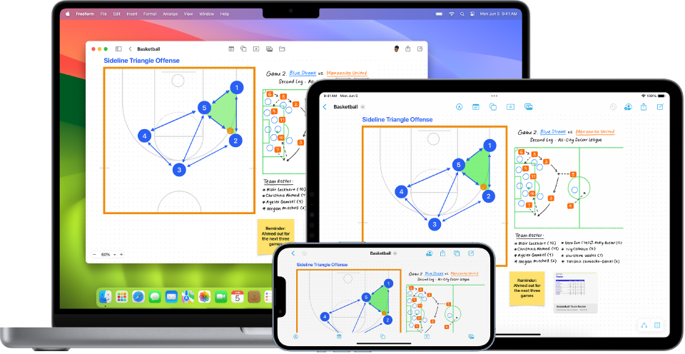 Mac, iPad и iPhone са отвореном апликацијом Freeform.