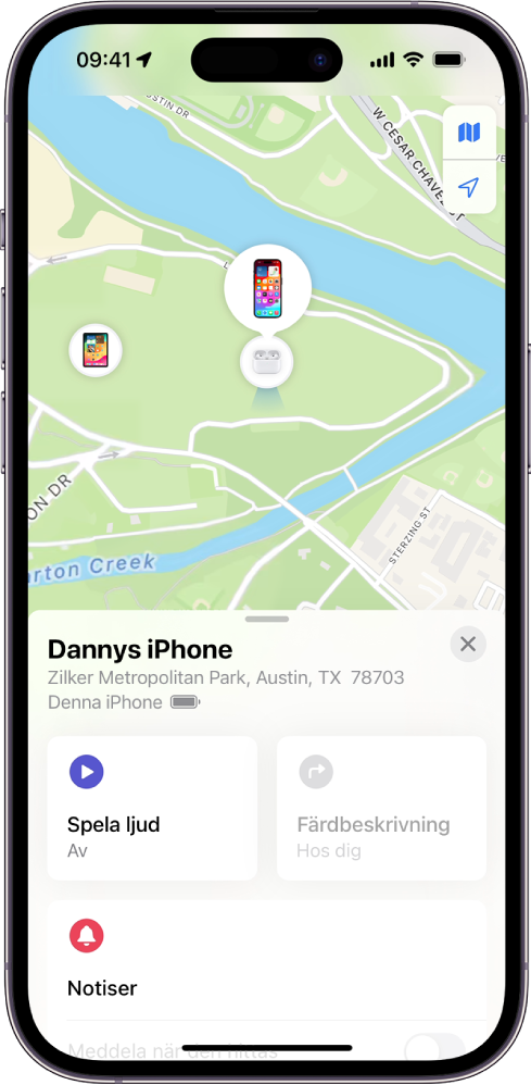 Skärmen Hitta med platsen för en iPhone på en karta högst upp på skärmen.