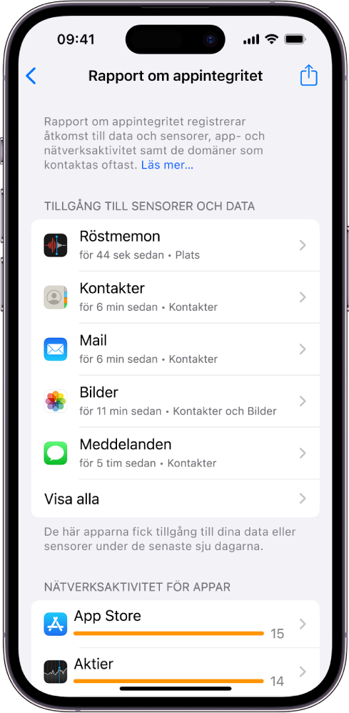 Rapport om appintegritet listar information om fem appar för kategorin Åtkomst till data och sensorer och information om tre appar för kategorin Nätverksaktivitet för appar.