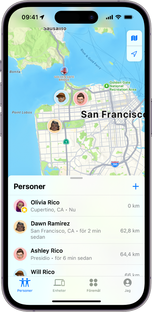 På skärmen Hitta visas listan Personer och deras platser på en karta.