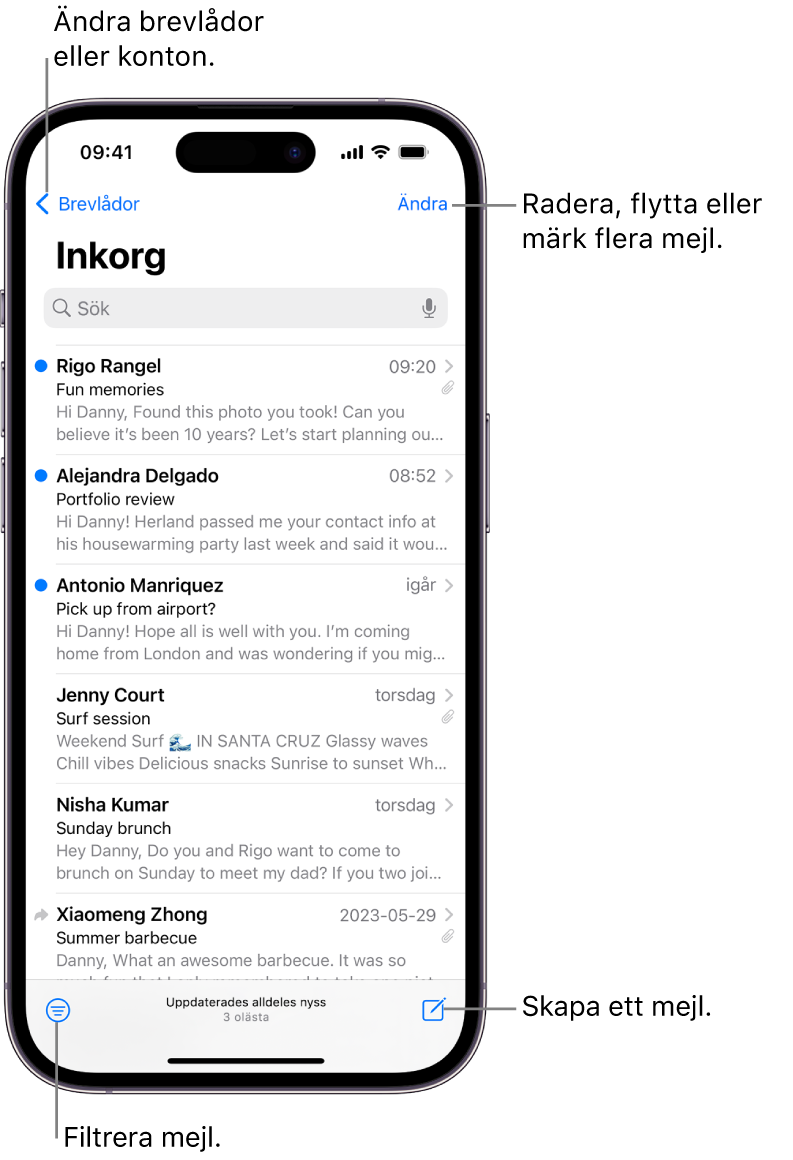 Inkorgen i Mail som visar en mejllista.