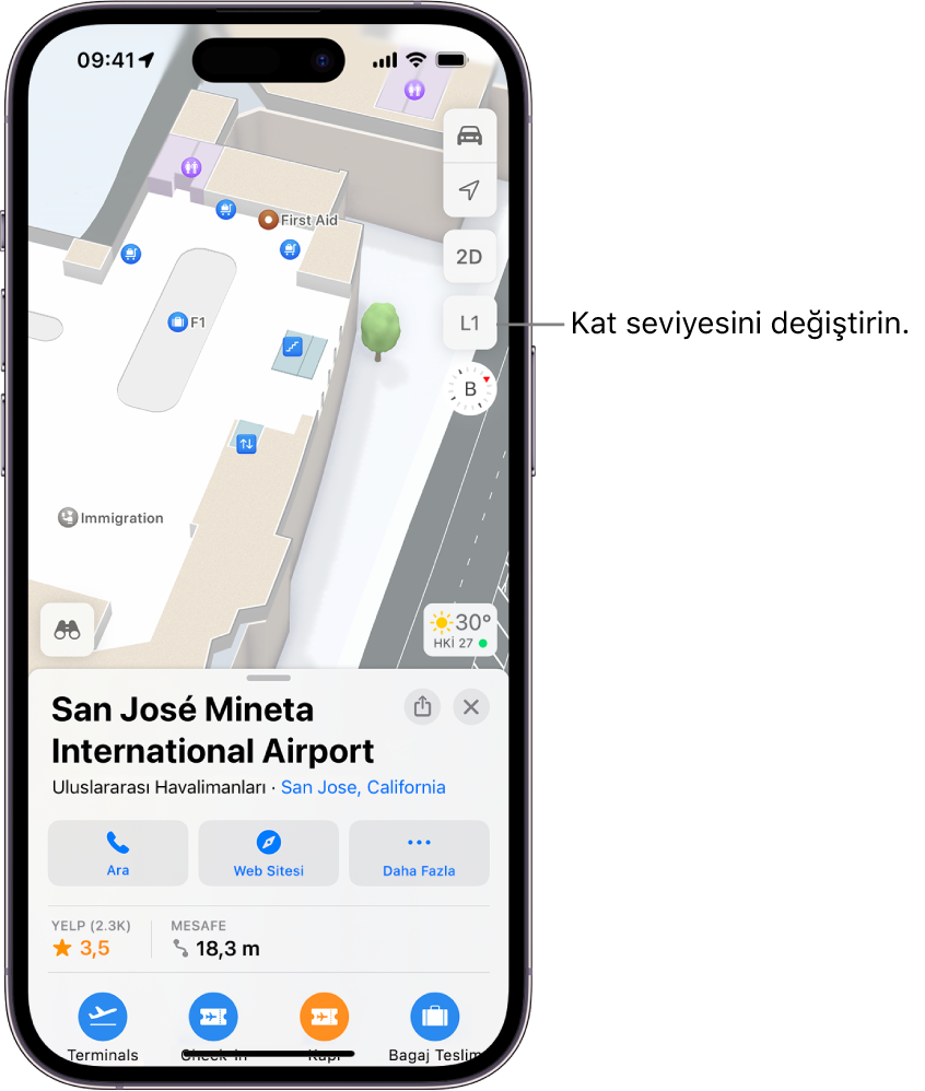 Bir havaalanı terminalinin iç mekân haritası. Özellikler göçmen denetleme noktası, merdivenler, tuvaletler ve ilk yardım içerir. D1 işaretli (Düzey 1) düğmeyi kullanarak çok katlı haritaların düzeylerini değiştirebilirsiniz.