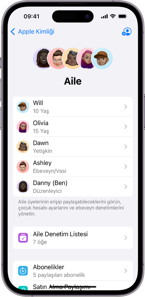 Ayarlar’daki Aile Paylaşımı ekranı. Beş aile üyesi listeleniyor. Adlarının altında Aile Denetim Listesi ve onun altında da Abonelikler ve Satın Alma Paylaşımı seçenekleri var.