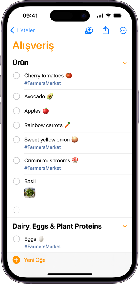 Anımsatıcılar uygulamasında bir alışveriş listesi.
