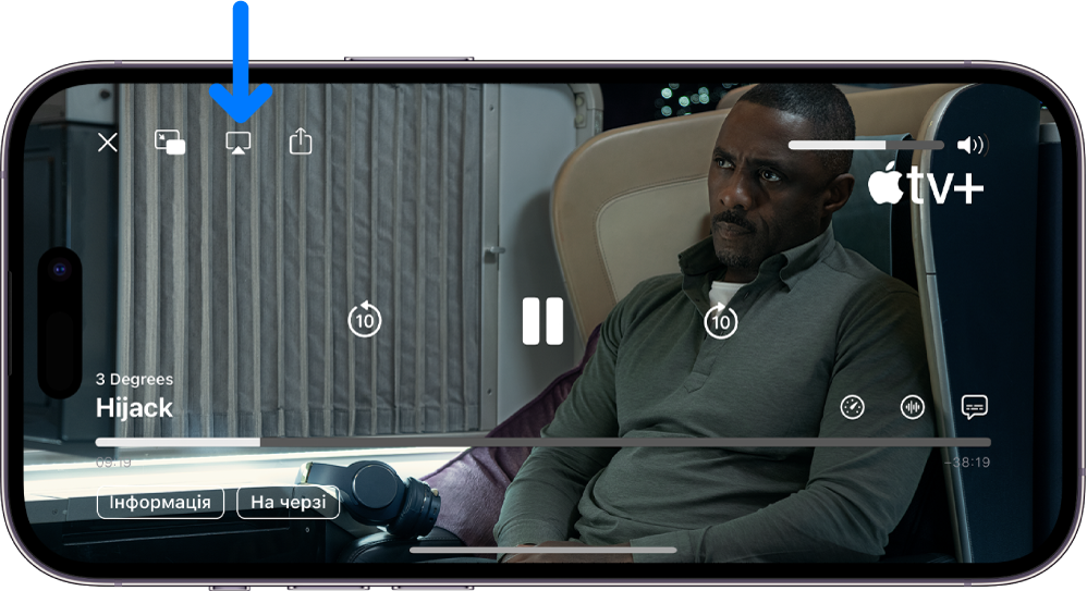 Фільм, що відтворюється на екрані iPhone. Посередині екрана — елементи керування відтворенням. Кнопка AirPlay відображається у верхньому лівому куті.