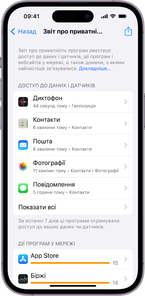 Звіт про приватність програм з інформацією про п’ять програм у категорії «Доступ до даних і датчиків» та інформацією про три програми у категорії «Мережева активність програм».