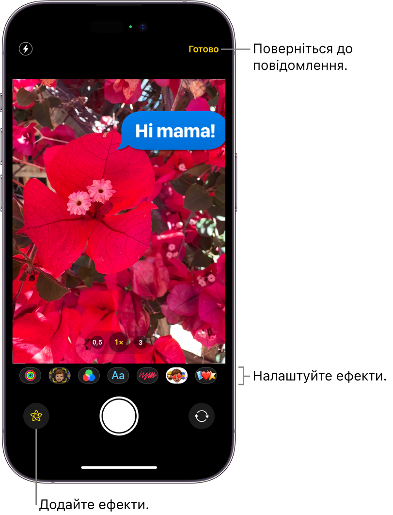 Редагування фотографії в Повідомленнях. Під фотографією показано варіанти застосування різних ефектів.