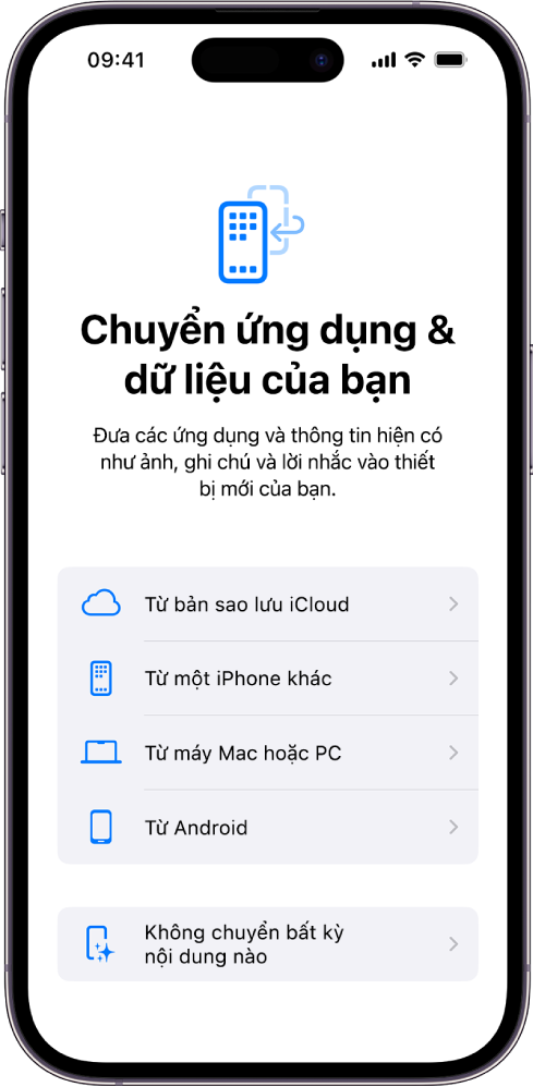 Màn hình thiết lập, với các tùy chọn để chuyển các ứng dụng và dữ liệu của bạn từ một bản sao lưu iCloud, một iPhone khác, một máy Mac hoặc PC, một thiết bị Android hoặc không chuyển bất kỳ thứ gì.