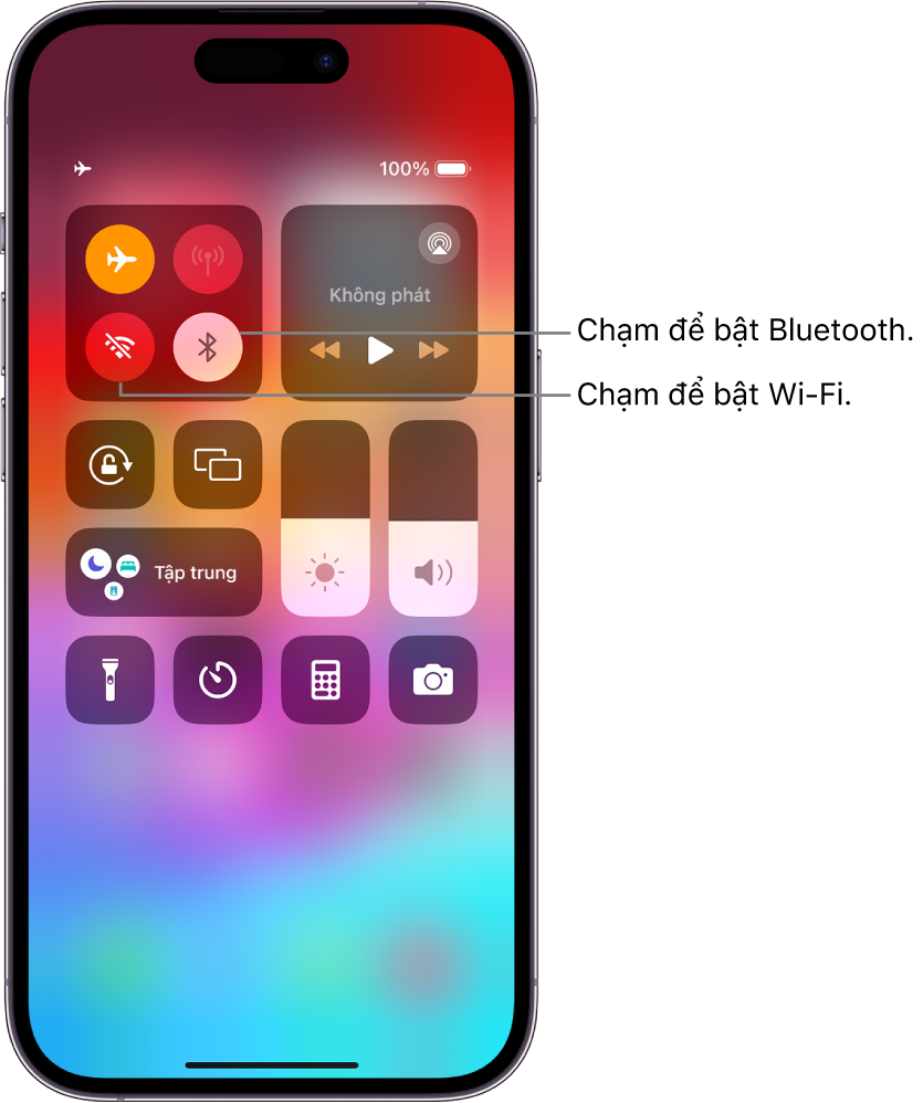 Trung tâm điều khiển với chế độ máy bay được bật, đang cho thấy rằng Wi-Fi và Bluetooth bị tắt. Các nút để bật Wi-Fi và Bluetooth ở gần góc phía trên bên trái của Trung tâm điều khiển.