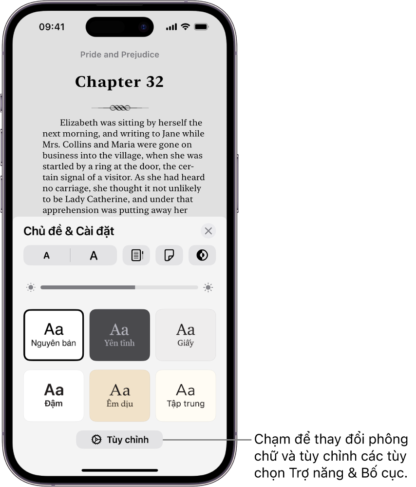 Một trang sách trong ứng dụng Sách. Tùy chọn Chủ đề & Cài đặt hiển thị các điều khiển cho cỡ chữ, chế độ xem cuộn, kiểu lật trang, độ sáng và kiểu phông chữ.