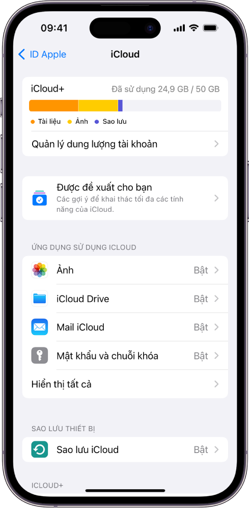 Màn hình cài đặt iCloud đang hiển thị công cụ đo dung lượng iCloud và một danh sách các ứng dụng và tính năng, bao gồm Ảnh, iCloud Drive và Mail iCloud có thể được sử dụng với iCloud.