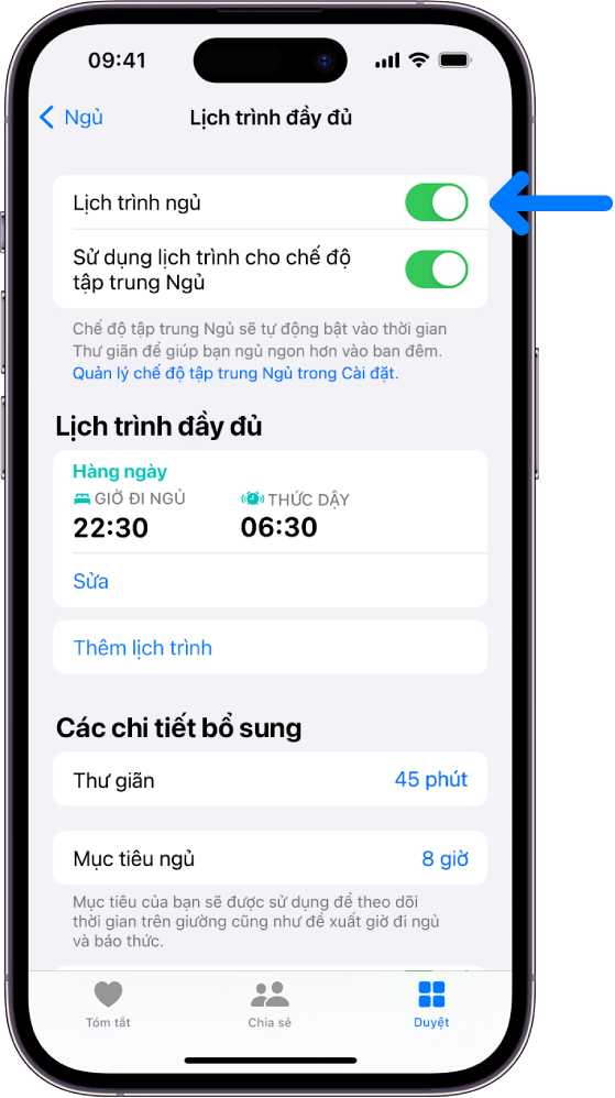 Màn hình Lịch trình ngủ đầy đủ trong Sức khỏe với Lịch trình ngủ được bật ở trên cùng.