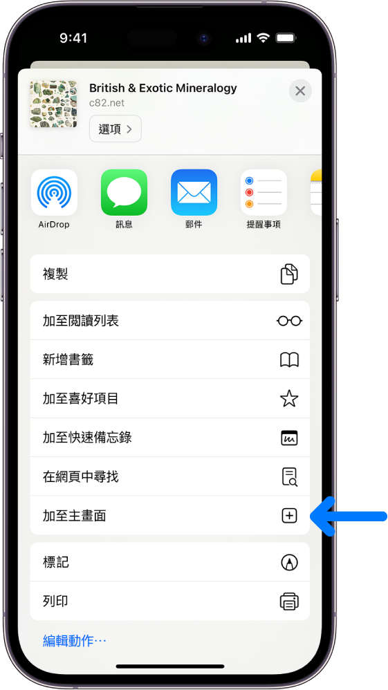 在 Safari 中，點一下網站上的「分享」按鈕，顯示選項列表，其中包括「加至主畫面」。