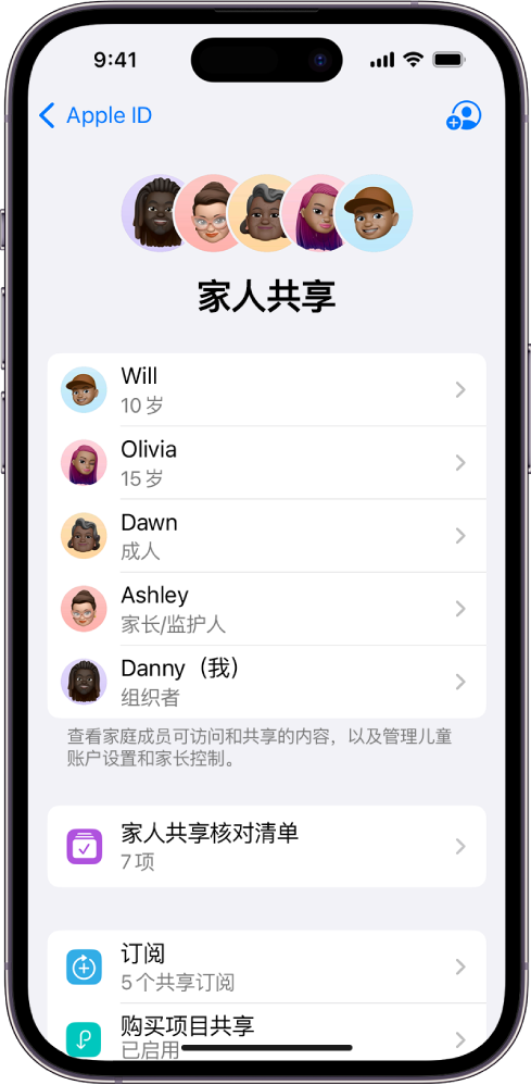“设置”中的“家人共享”屏幕。列出了五位家庭成员。其姓名下方是“家人共享核对清单”，其下方是“订阅”和“购买项目共享”选项。