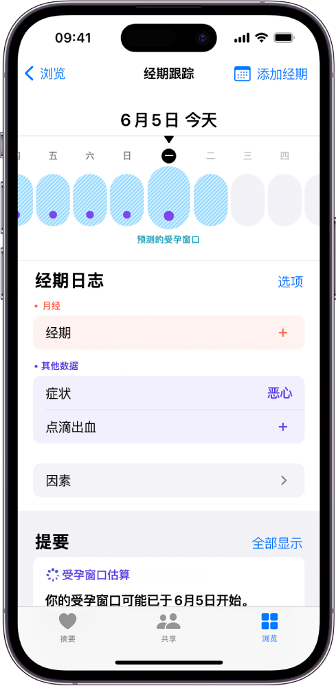 “经期跟踪”屏幕顶部附近的时间线显示估算的受孕窗口。时间线下方是添加经期相关信息和症状等的选项。