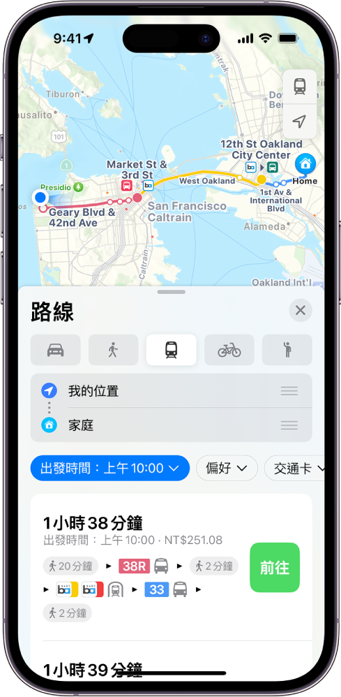地圖顯示大眾運輸路線。路線卡底部提供路線的詳細資訊，包含預估路程時間和總花費。「前往」按鈕顯示在詳細資訊的右側。