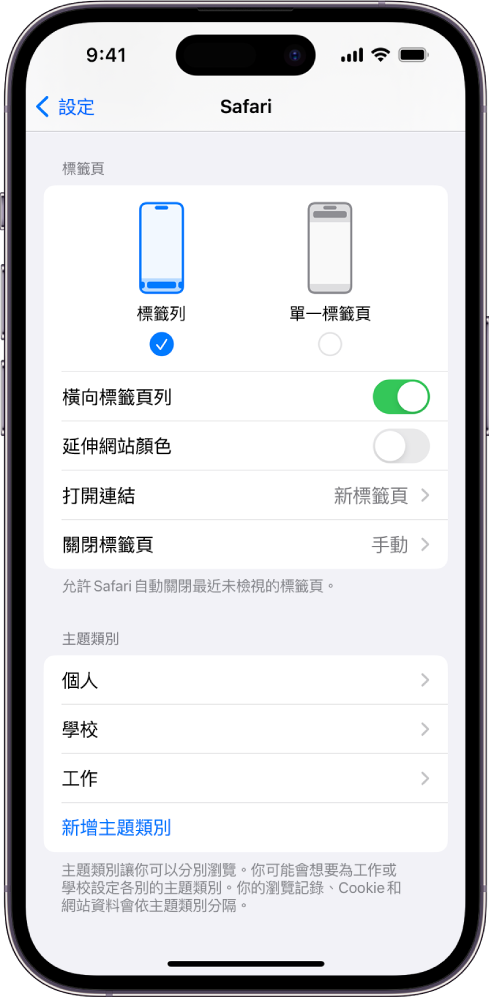 畫面顯示兩個 Safari 佈局選項：「標籤頁列」和「單一標籤頁」。