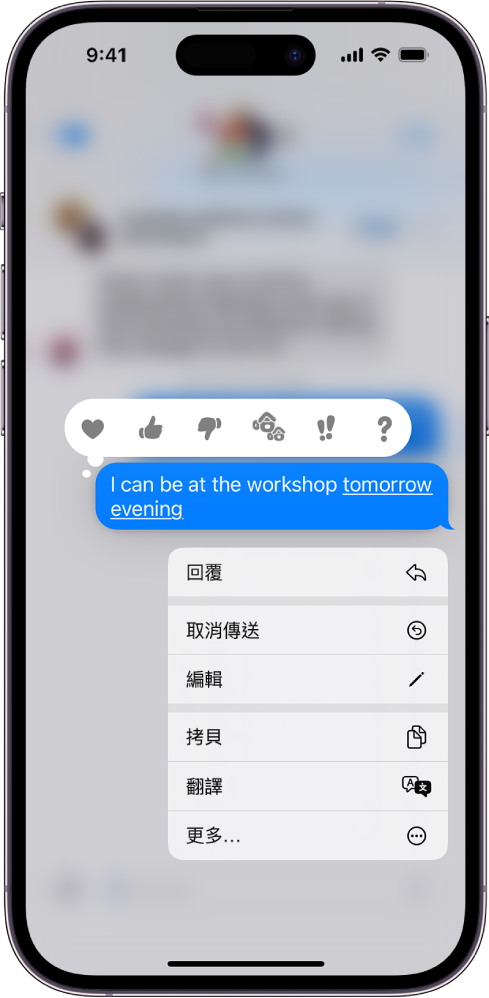 「訊息」中的一則文字訊息，顯示取消傳送和編輯選單。除了選取的特定文字外，對話的其餘部分都模糊化。