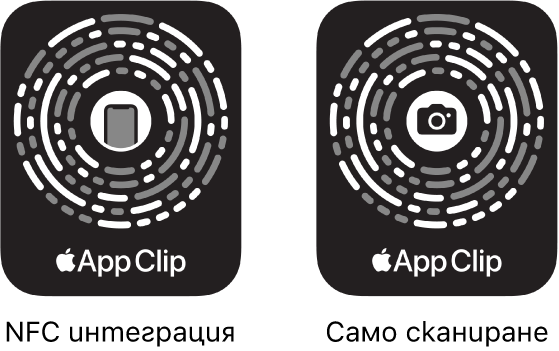 От лявата страна, NFC-интегриран код за Изрезка от приложение с iPhone иконка в центъра. Вдясно има Изрезка от приложение с код за сканиране с иконка на камера в центъра.
