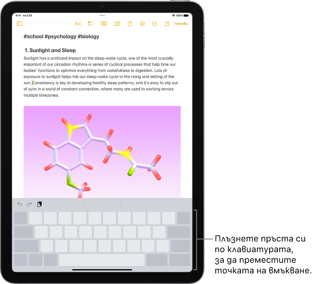 Отворен е документ в приложението Бележки. Екранната клавиатура в долната половина на екрана е в режим тракпад.