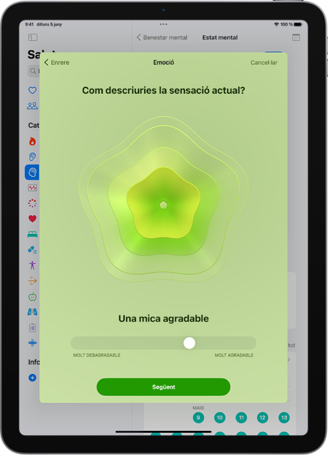 Pantalla de l’app Salut en què s’identifica l’estat d’ànim d’aquell moment com a “Una mica agradable”. A la part inferior de la pantalla hi ha un regulador per ajustar el nivell de l’emoció.