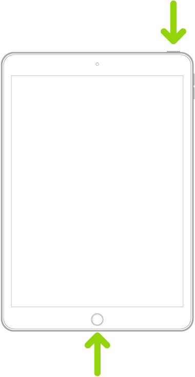 Il·lustració d’un iPad amb el botó d’inici a la part inferior del dispositiu. El botó superior es mostra a prop de la vora dreta.