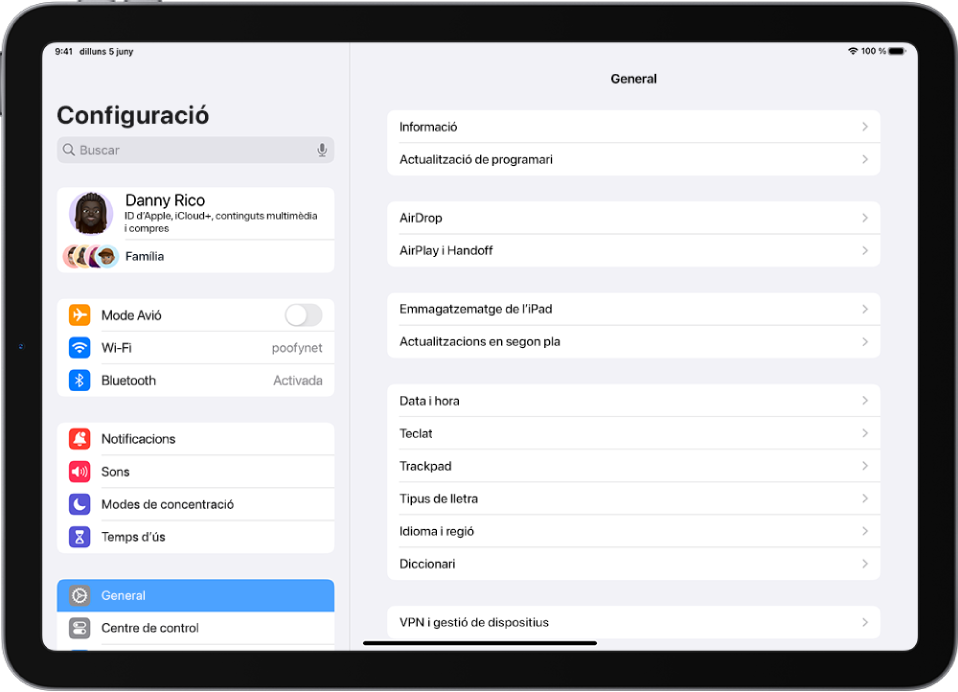 Pantalla d’inici de l’iPad amb diverses icones d’apps, inclosa la de l’app Configuració, que pots tocar per canviar el volum del so, la brillantor de pantalla i molts paràmetres més de l’iPad.