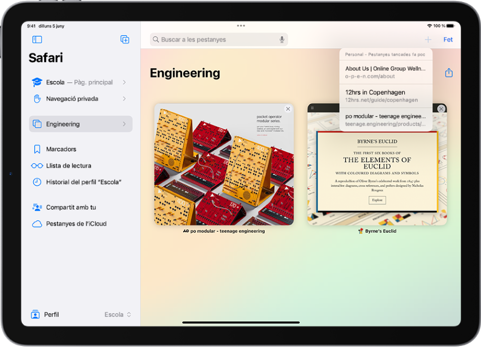 S’obre un grup de pestanyes al Safari. A la part superior dreta de la pantalla, el botó “Pestanya nova” està seleccionat i hi ha visible una llista amb les pestanyes tancades fa poc.