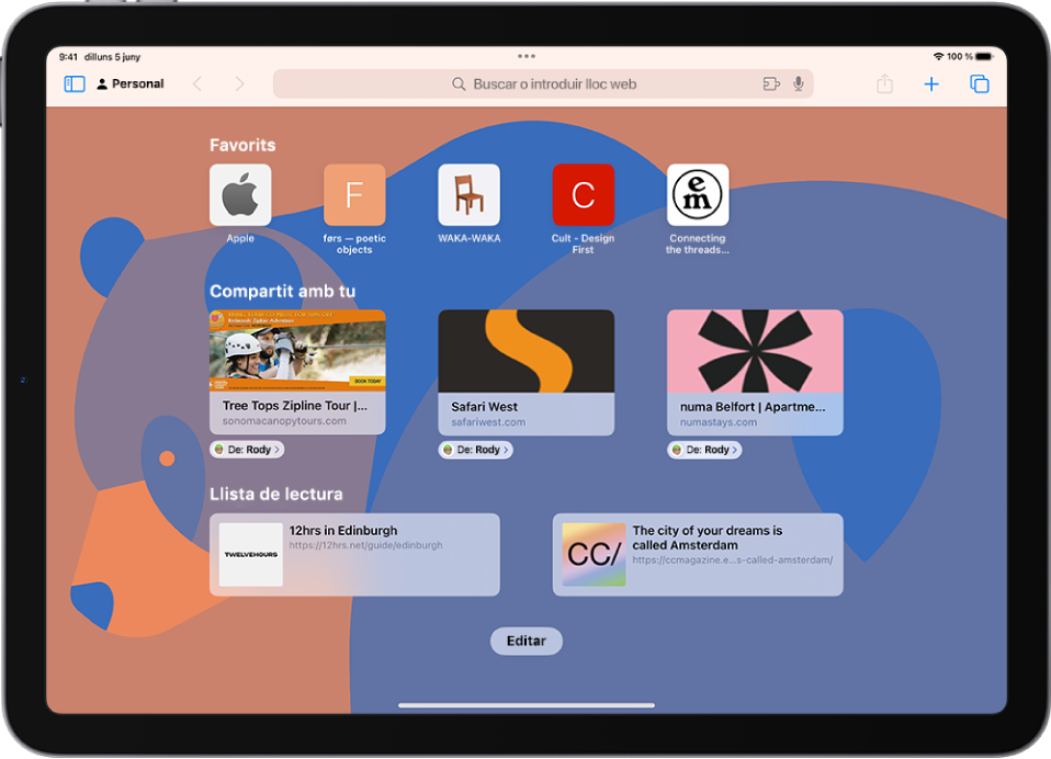 La pàgina principal del Safari, que mostra els llocs web favorits, els llocs web que s’han compartit amb tu i els llocs web desats a la llista de lectura. A la part inferior de la pantalla es veu el botó “Editar”.