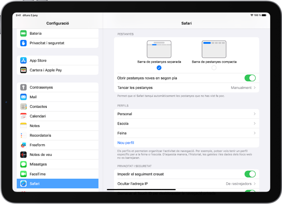 Secció del Safari de l’app Configuració. A sota de les pestanyes hi ha les opcions “Barra de pestanyes separada” i “Barra de pestanyes compacta”.