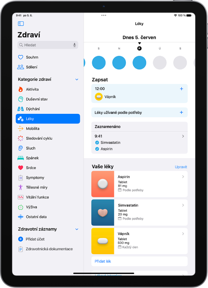 Obrazovka Léky v aplikaci Zdraví s datem a záznamy o užívání léků