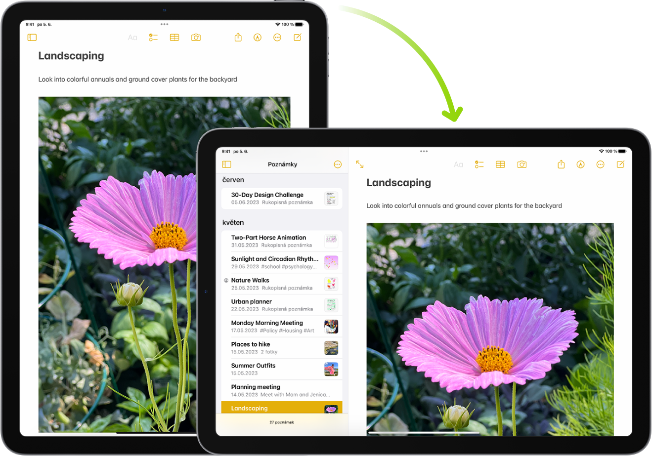 Na pozadí je vidět iPad s obrazovkou aplikace Poznámky v orientaci na výšku; v popředí je tentýž iPad, ale otočený tak, aby se obrazovka aplikace Poznámky zobrazovala na šířku