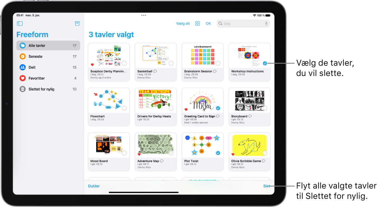 Adskillige tavler er valgt i oversigten Alle tavler i Freeform. Knappen Slet i nederste højre hjørne af skærmen.