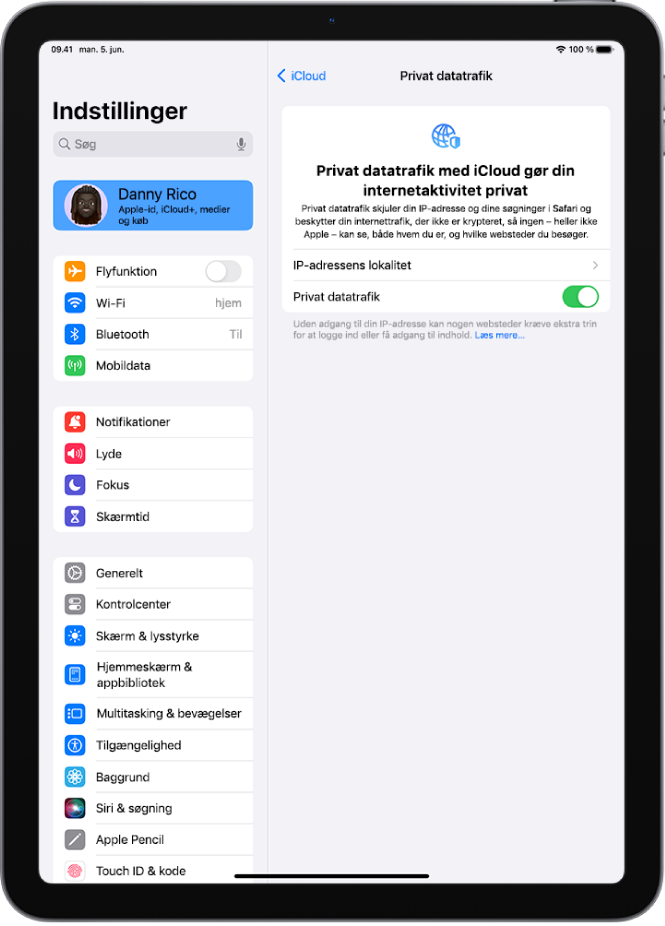 Skærmen Indstillinger, hvor du slår Privat datatrafik til eller fra.