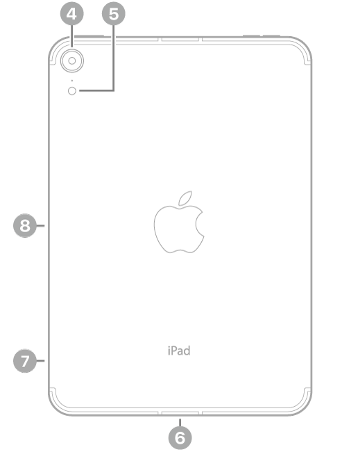 Die Rückansicht des iPad mini mit Hinweisen auf die rückwärtige Kamera und den Blitz oben links, den USB-C-Anschluss unten in der Mitte, das SIM-Fach (Wi-Fi + Cellular) unten links und den magnetischen Anschluss für den Apple Pencil an der linken Seite.