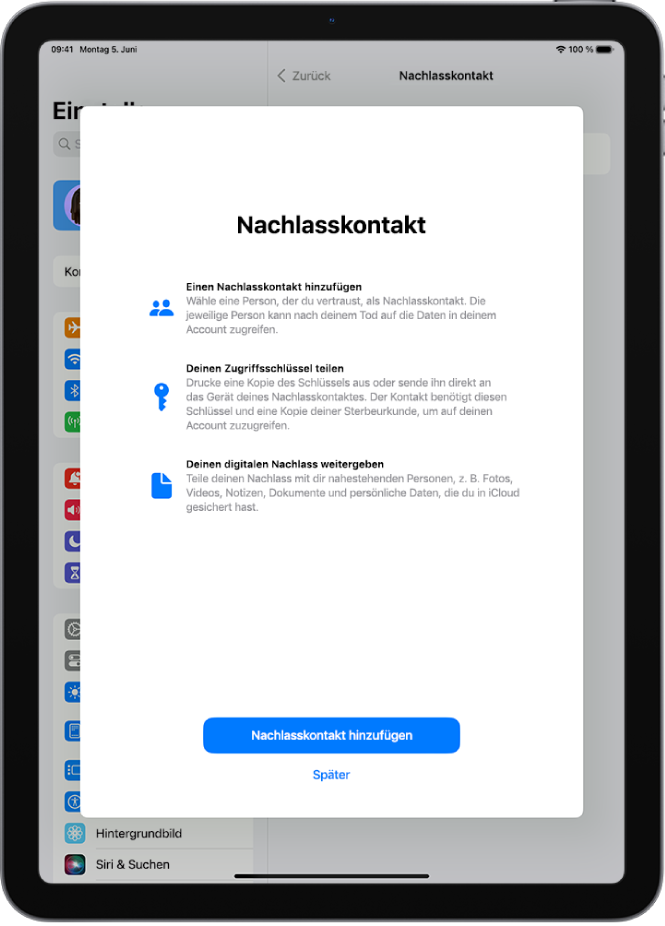 Der Bildschirm „Nachlasskontakt“ mit Informationen über die Funktion. Die Taste „Nachlasskontakte hinzufügen“ befindet sich unten.