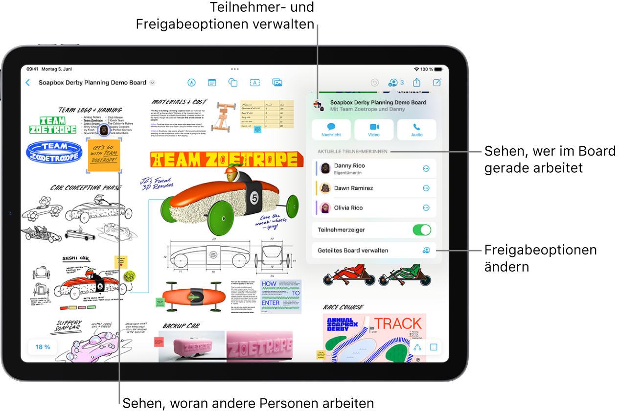 Ein geteiltes Freeform-Board auf dem iPad mit dem geöffneten Menü zum Zusammenarbeiten und der Position einer anderen teilnehmenden Person, die auf dem Board mit violetten Häkchen markiert ist.