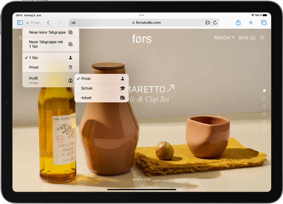 In Safari ist das Menü „Tabgruppe“ rechts vom Suchfeld geöffnet. Unten im Menü ist „Profil“ ausgewählt und die Optionen „Persönlich“, „Schule“ und „Arbeit“ werden in einem weiteren Menü angezeigt.