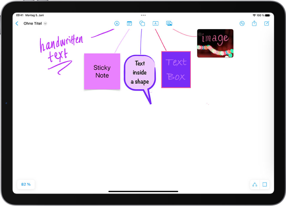 Ein neues Freeform-Board, das entsprechend den Tasten oben auf dem Bildschirm eine Zeichnung, einen Notizzettel, eine Form, ein Textfeld und ein Bild enthält.