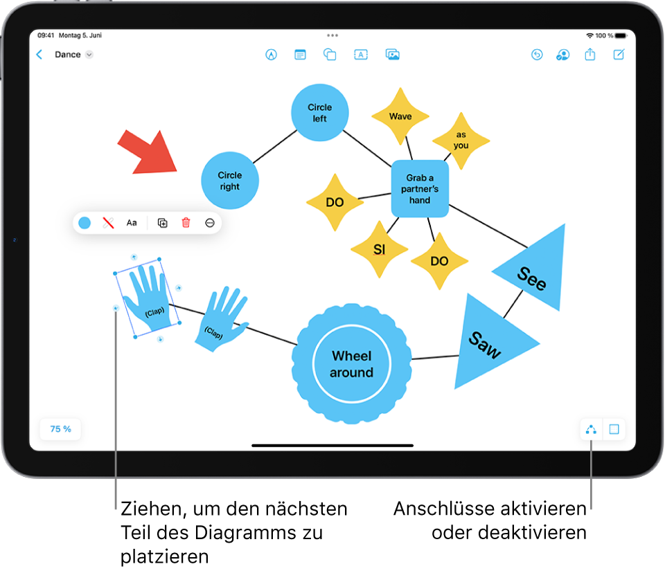 Ein Diagramm auf einem Freeform-Board mit Verbindungselementen auf einer ausgewählten Form und den Formatierungswerkzeugen für Formen darüber.