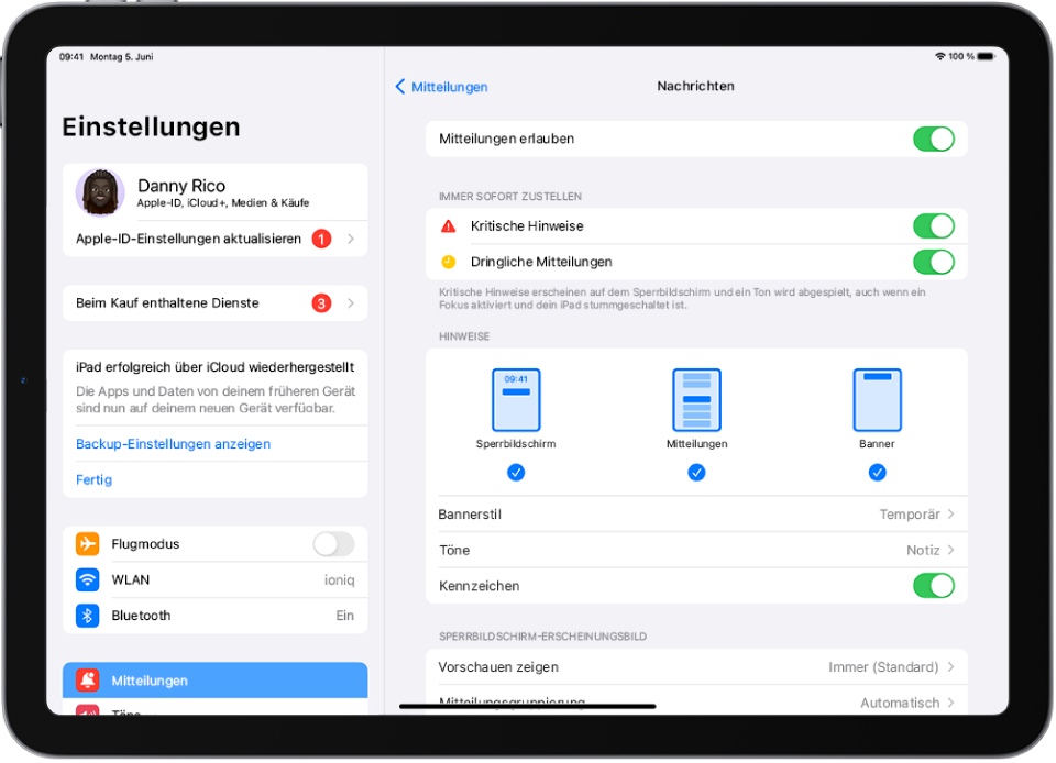 iPad mit Einstellungen für Mitteilungen und Hinweise für die App „Nachrichten“.