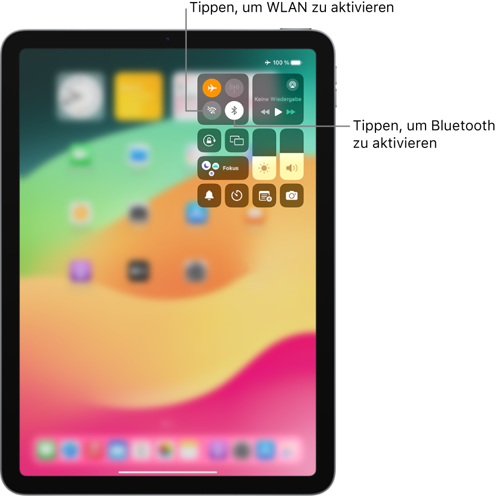 Das iPad-Kontrollzentrum zeigt, dass der Flugmodus aktiviert ist. Die Tasten zum Aktivieren von „WLAN“ und „Bluetooth“ befinden links oben im Kontrollzentrum.