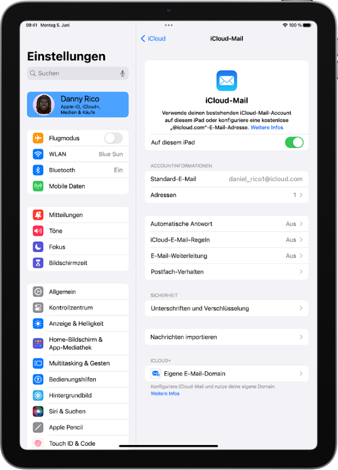 Die App „Einstellungen“ mit dem geöffneten Bildschirm „iCloud Mail“. Unten im Menü befindet sich die Option „Eigene E-Mail-Domain“.