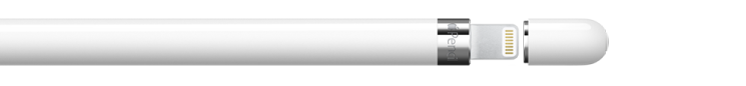 Apple Pencil (1ης γενιάς) χωρίς το καπάκι, και φαίνεται το άκρο που συνδέεται στην υποδοχή Lightning του iPad.