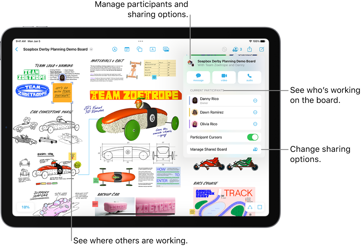 A shared Freeform board on iPad with the collaboration menu open and the location of another participant on the board marked with purple tick marks.