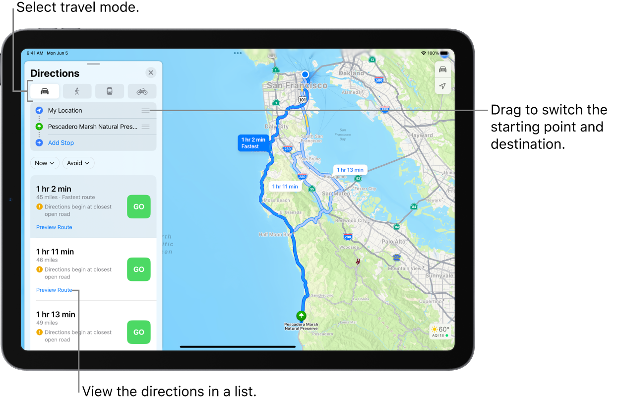 A map showing multiple driving routes between two locations, with options for choosing other travel modes, switching the starting point and destination, and viewing directions in a list.