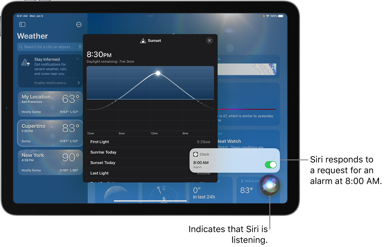 Siri on the Weather app screen. At the bottom right, a notification from the Clock app shows that an alarm is turned on for 8:00 a.m. An icon below it indicates that Siri is listening.
