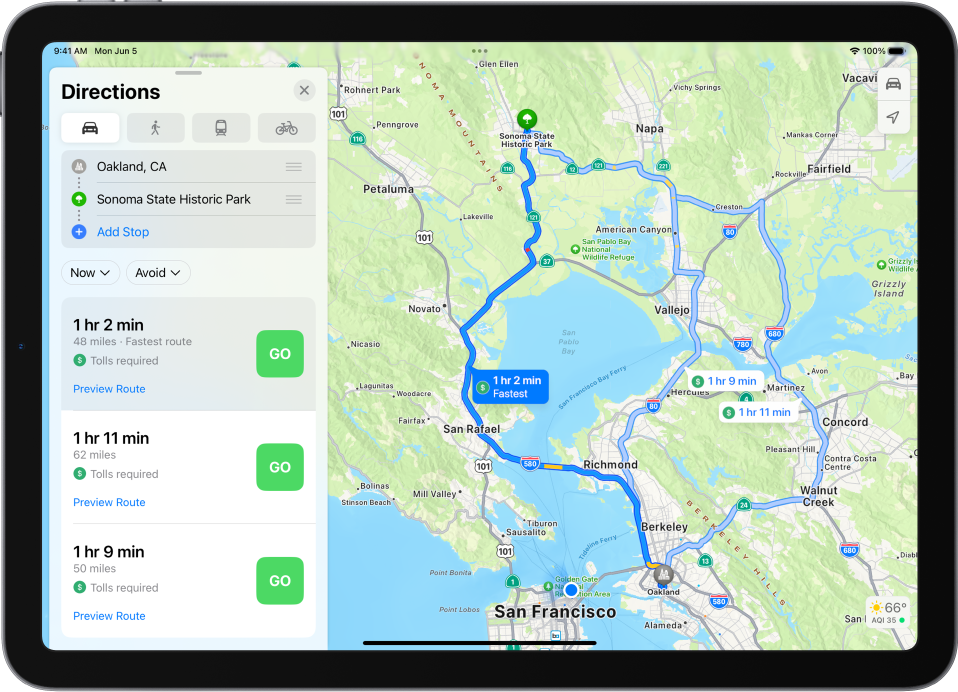 A map showing multiple driving routes between two locations, with the fastest route selected. The route card provides details like estimated travel times, distance, and a brief description. A Go button appears to the right of each route’s details.