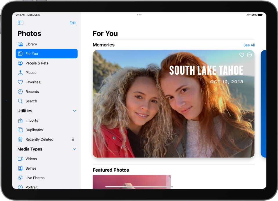 For You is selected in the Photos app sidebar. The rest of the screen shows Memories and Featured Photos.