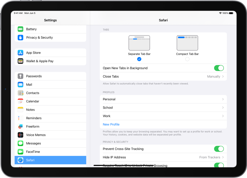 The Safari section of the Settings app. Below Tabs are the Separate Tab Bar and Compact Tab Bar options.